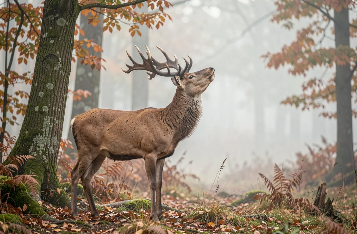 Cerf qui brame à l'orée d'une forêt en automne