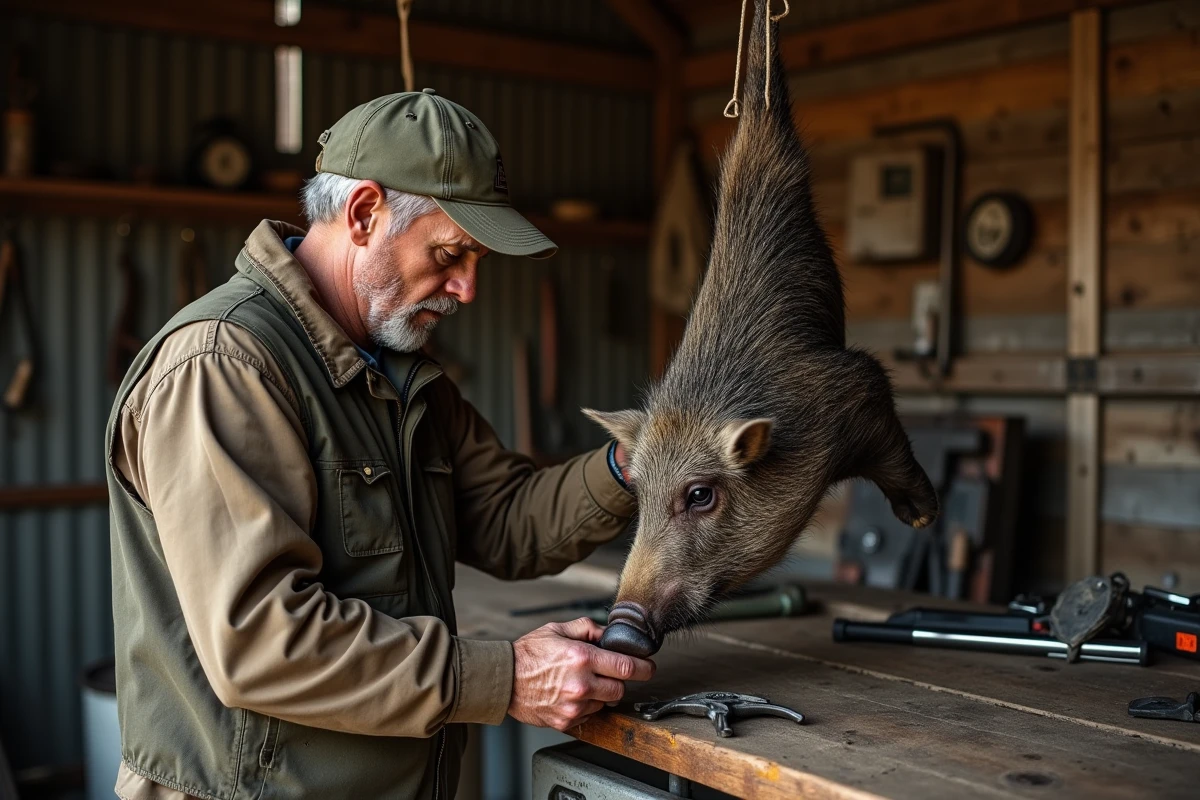 Chasseur examinant un sanglier dans l