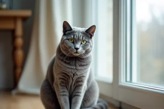 Chat bleu de Russie aux yeux verts assis sur un parquet en bois dans un intérieur scandinave minimaliste