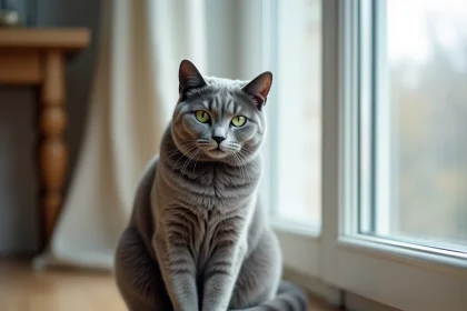 Chat bleu de Russie aux yeux verts assis sur un parquet en bois dans un intérieur scandinave minimaliste