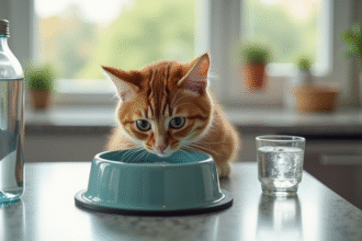 Chat curieux buvant de l'eau fraîche dans la cuisine