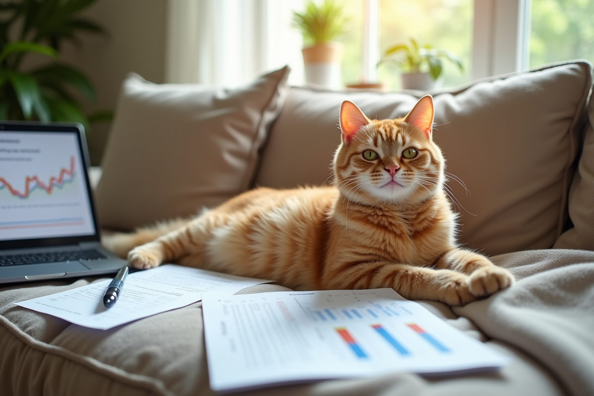 Chat détendu sur canapé avec documents d