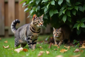 Chat domestique curieux face à un martre dans un jardin