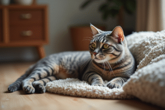 Chat domestique allongé sur une couverture tissée dans un intérieur calme