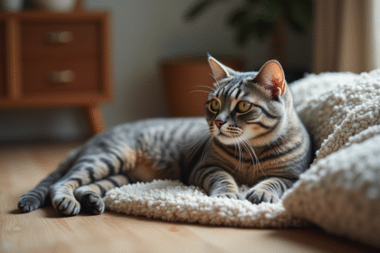 Chat domestique allongé sur une couverture tissée dans un intérieur calme