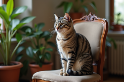 Chat domestique à face asymetrique dans un salon cozy