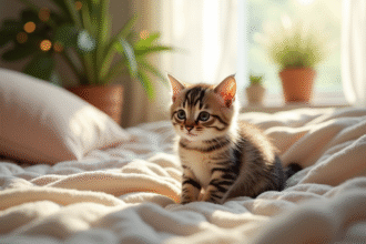Chat naine assis sur un lit douillet dans une pièce lumineuse