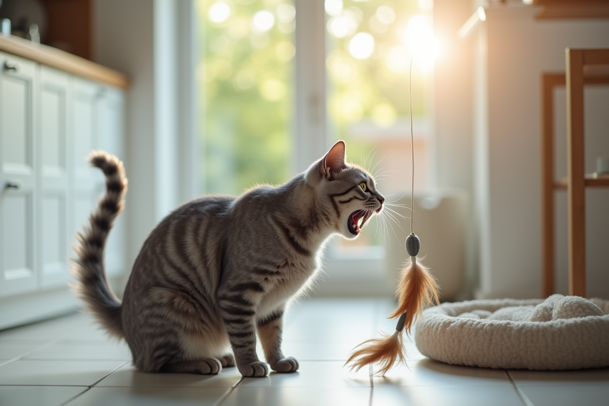 Chat gris senior jouant avec un jouet plume dans une cuisine lumineuse