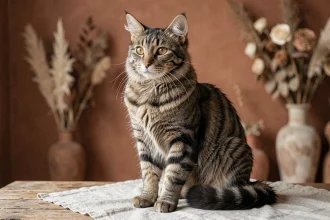 Chat Highlander aux oreilles recourbées et à la queue courte assis sur une surface en bois, portrait réaliste mettant en valeur sa fourrure tabby et ses yeux ambrés.