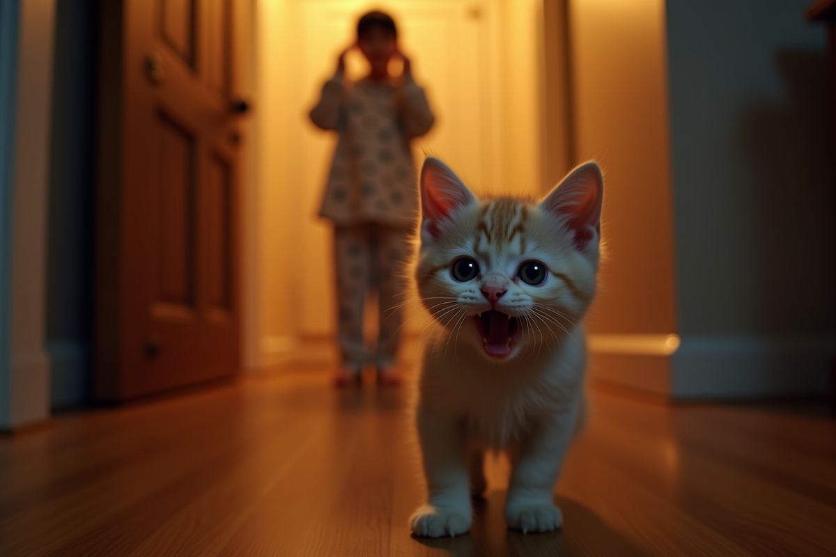 Chat joueur sur le sol en bois la nuit avec personne en pyjama en arrière-plan