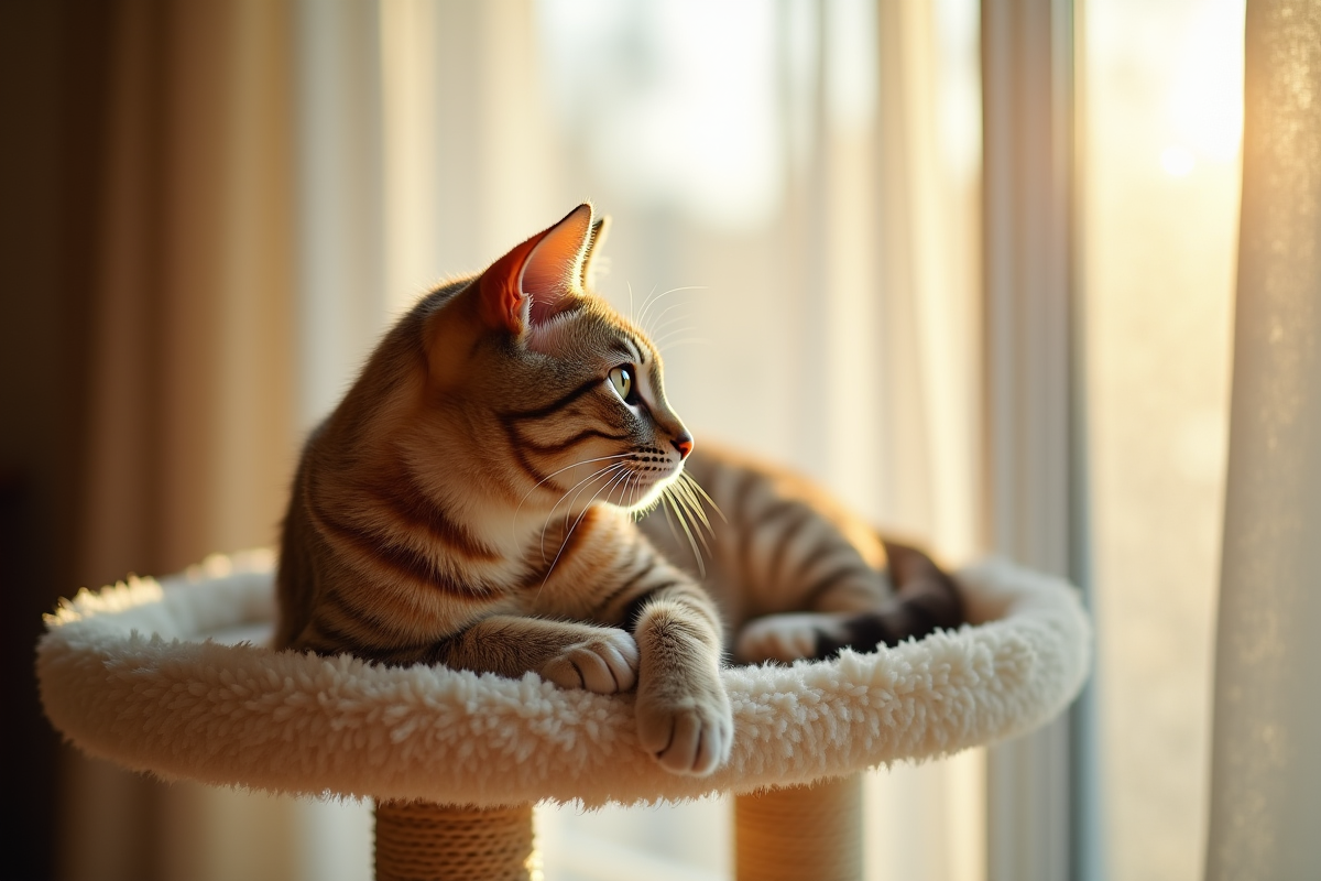 Chat allongé sur arbre à chat beige près d