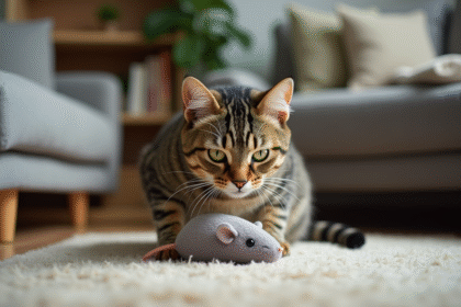 Jeune chat tigré en position de menace avec jouet souris dans un salon