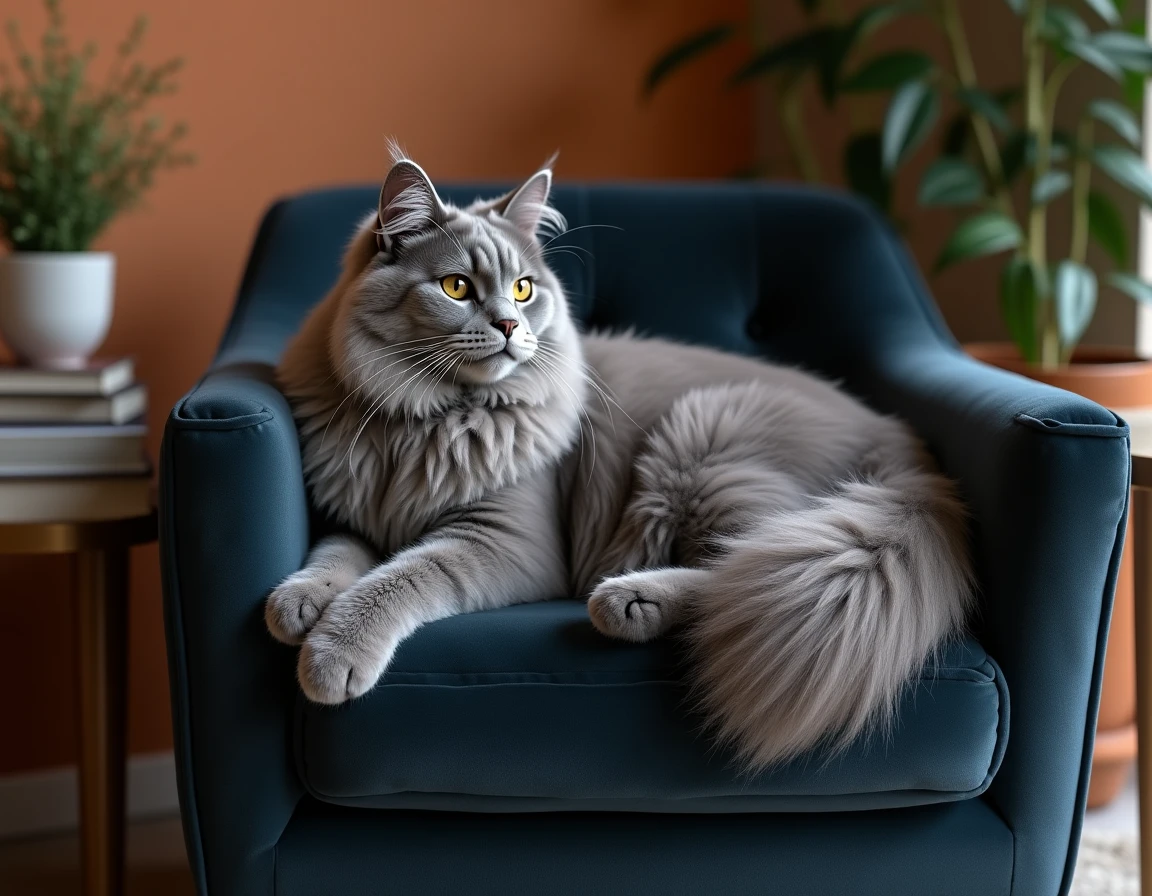 Chat Nebelung au pelage long et soyeux bleu-gris allongé sur un fauteuil en velours gris anthracite
