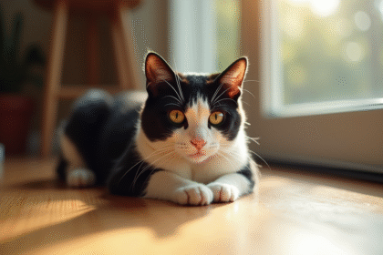 Chat noir et blanc allongé sur un sol en bois ensoleille
