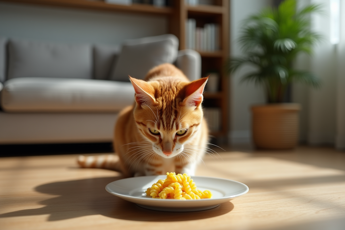 Chat orange sur le sol de salon avec assiette de pâtes