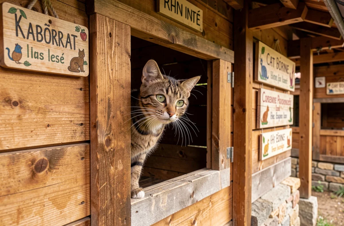 Jeune chat tabby regardant depuis son chalet en bois dans la pension Chat'lut dans le Rhône