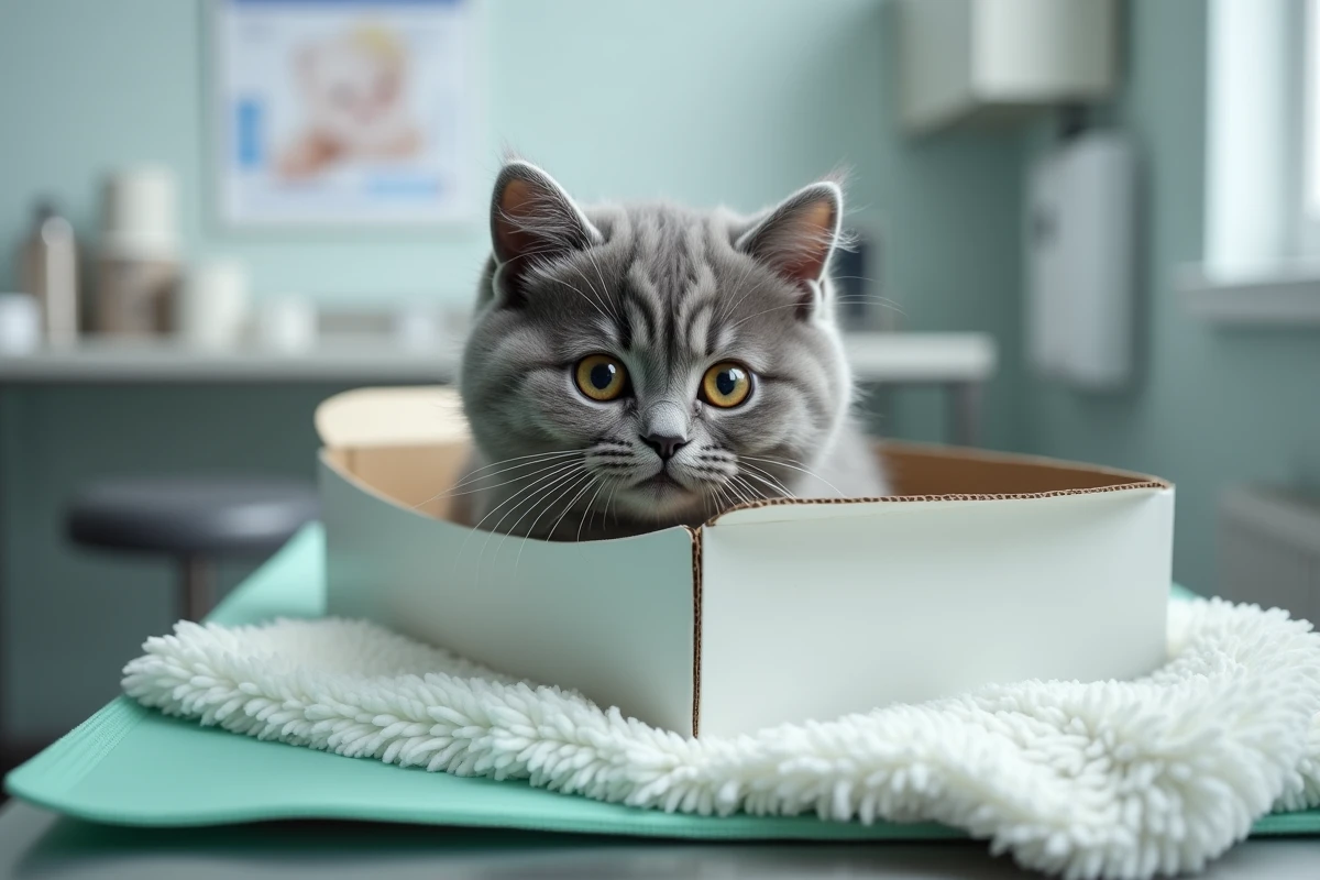 Chaton British Shorthair bleu posé dans une boîte lors d'un examen vétérinaire, illustrant les frais de santé cachés lors d'une adoption