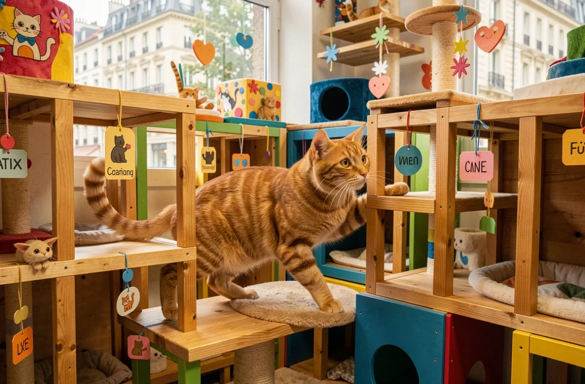 Chat roux explorant un arbre à chat dans la pension Chatperlipopet' à Lyon