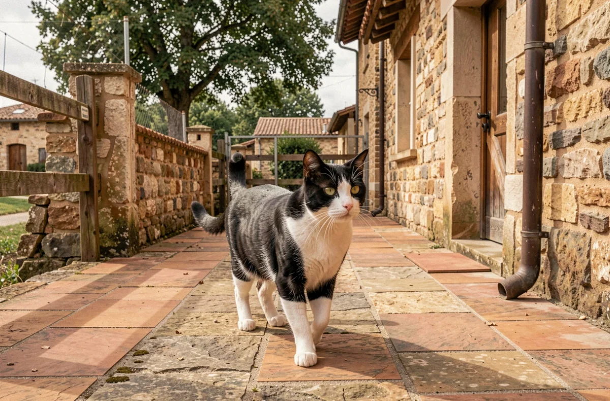 Chat en noir et blanc se promenant dans l'enclos extérieur en pierre du Chenil de la Tour à Arnas dans le Rhône