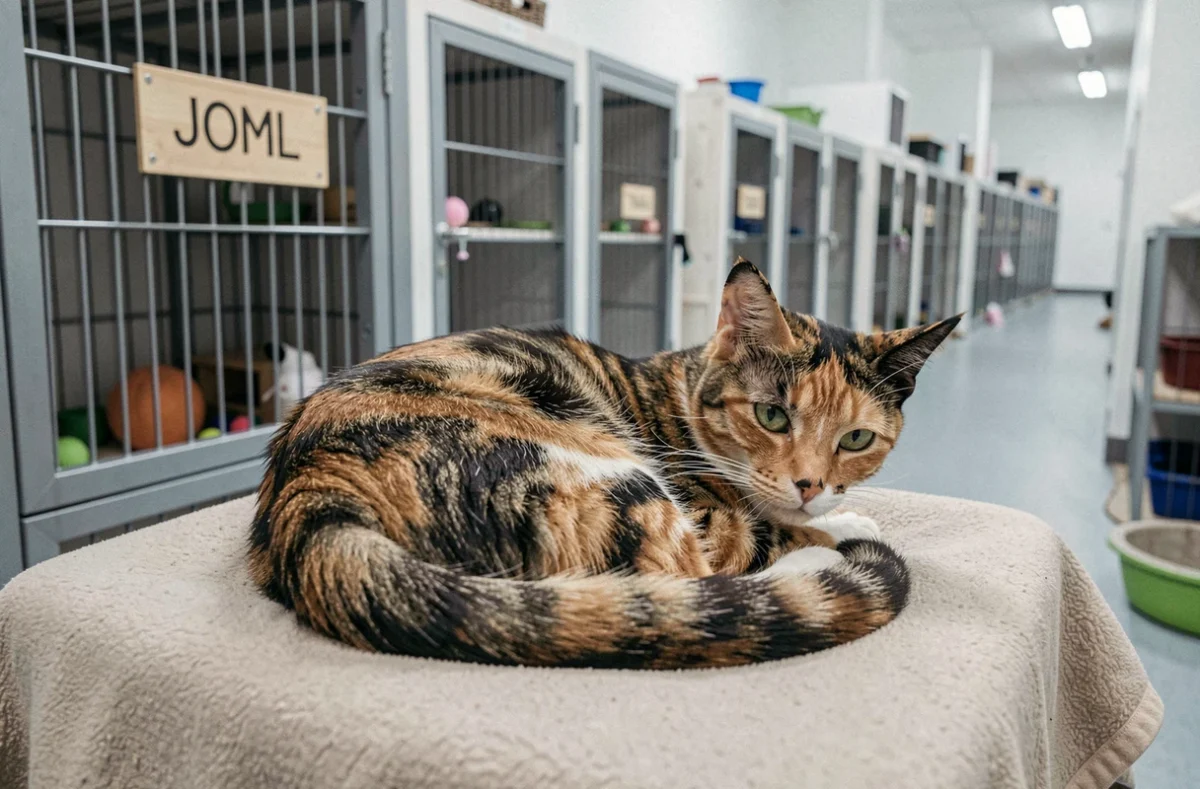 Chat écaille de tortue blotti dans son box individuel au Chenil des Amaries dans le Rhône