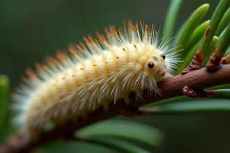 Chenille processionnaire du pin en gros plan sur une branche de pin, poils urticants visibles en détail macro