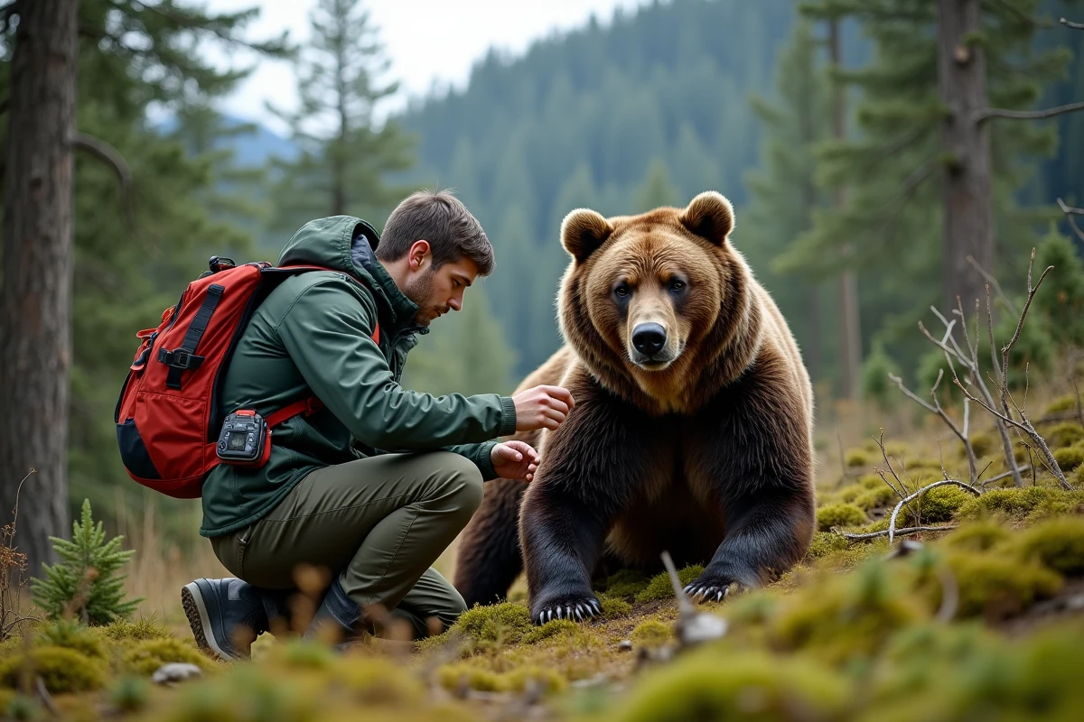 Jeune chercheur posant un collier GPS sur un ours