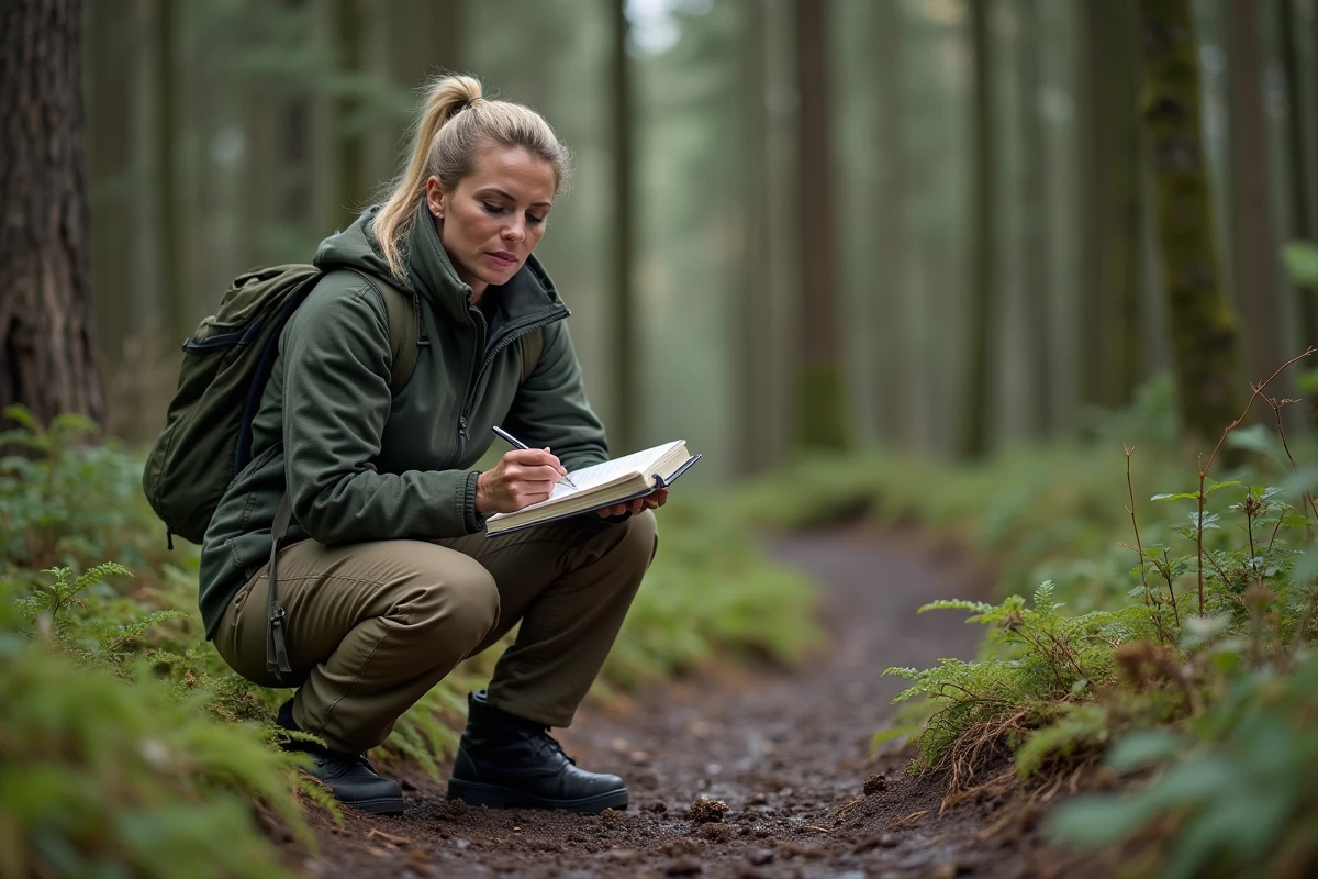 Chercheuse en faune sauvage examinant des crottes de sanglier sur un sentier forestier boueux