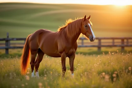 Cheval au pré en liberté dans un pré verdoyant entouré de fleurs sauvages et d'une clôture en bois