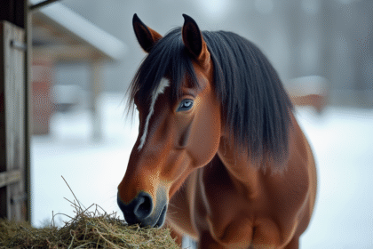 Cheval en bonne santé mangeant du foin dans un paddock enneige