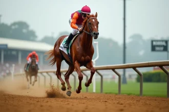 Cheval de course Pur-sang au galop sur une piste de course avec jockey en pleine action