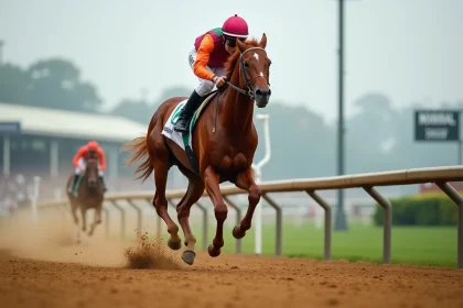 Cheval de course Pur-sang au galop sur une piste de course avec jockey en pleine action