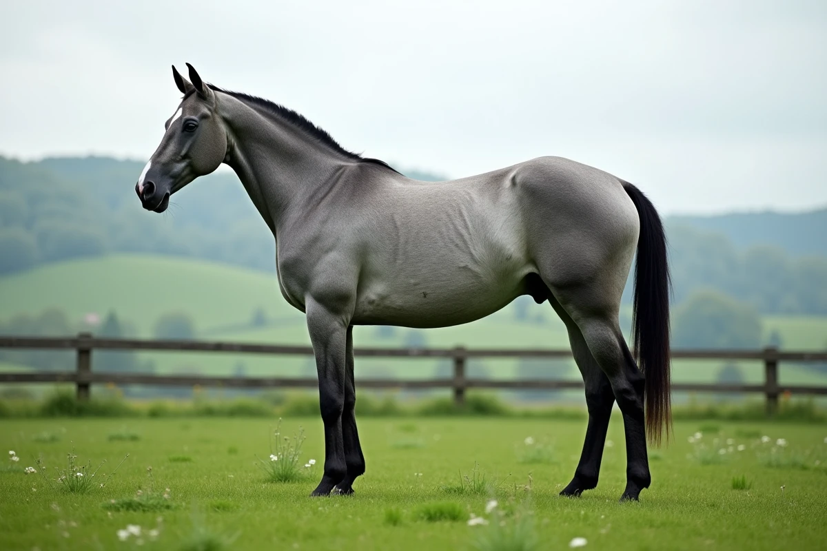 Cheval Pur-sang gris en liberté dans un paddock verdoyant avec paysage de campagne
