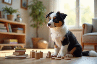 Mini Australian Shepherd assis dans un salon lumineux