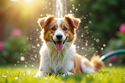 Chien heureux en bain extérieur dans un jardin ensoleille