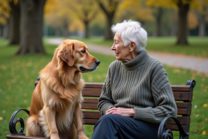 Chien golden retriever senior assis avec une femme âgée dans un parc