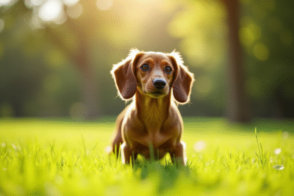 Kaninchen dachshund dans un parc ensoleille avec herbe verte