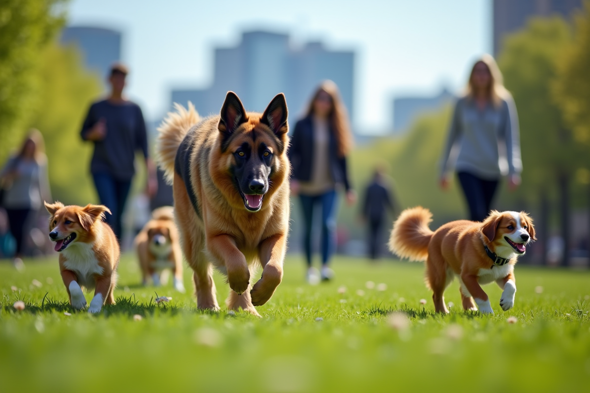 chien berger allemand croise joue avec d autres chiens dans un parc vert