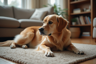 Golden retriever allongé sur un tapis dans un salon chaleureux
