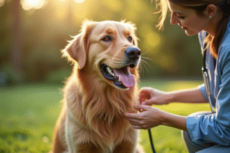 Chien golden retriever examiné par un vétérinaire en plein air