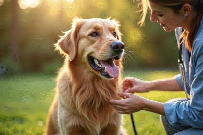 Chien golden retriever examiné par un vétérinaire en plein air