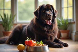 Chien Newfoundland sain près d un bol de légumes frais