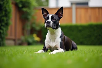Chien noir et blanc à poil court assis dans un jardin résidentiel verdoyant avec clôture en bois en arrière-plan