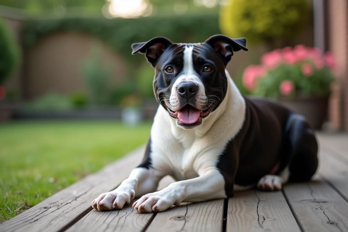 Chien noir et blanc à poil court de type Staffordshire allongé sur une terrasse en bois devant un jardin fleuri