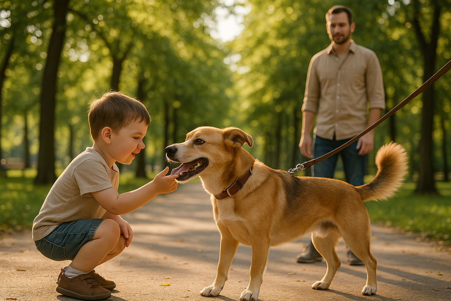 Chien amical en laisse saluant un enfant dans un parc ensoleille