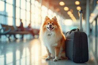 Chien spitz heureux assis à l'aéroport avec sac de voyage