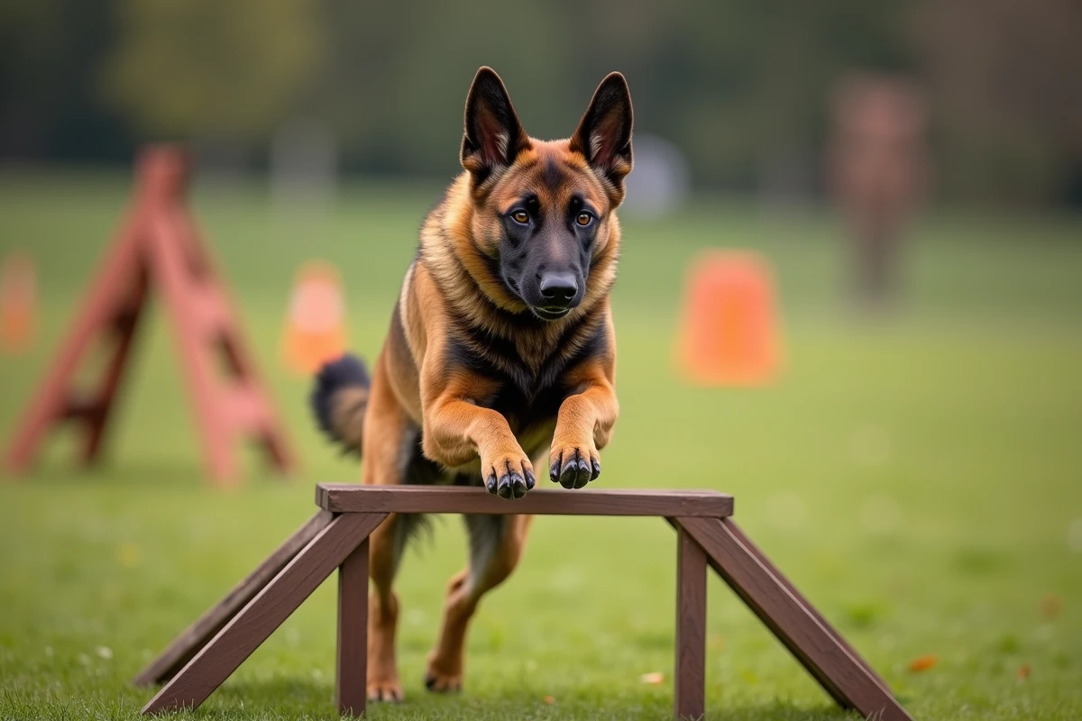 Malinois belge sautant un obstacle lors d'un entraînement d'agility, représentant les risques de blessures pour lesquels une assurance chien sportif est essentielle