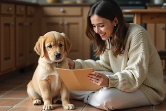Femme tenant des papiers d'adoption avec un chiot golden retriever dans une cuisine rustique en Gironde