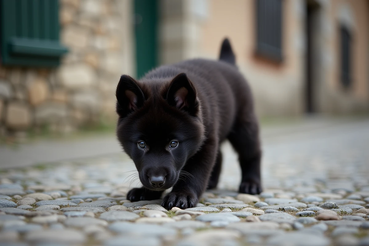 Chiot Berger Suisse Noir explorant un chemin de gravier dans un village suisse traditionnel