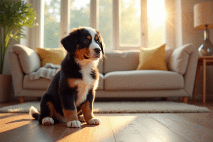Chiot bouledogue dans un salon lumineux et calme