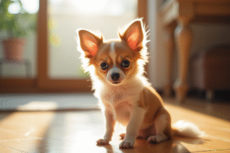 Chiot chihuahua papillon sur le sol en bois en lumière naturelle